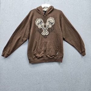 Silver Point Men Hoodie XL Brown Embroidered Graphic Fleece Skulls Grunge Y2K